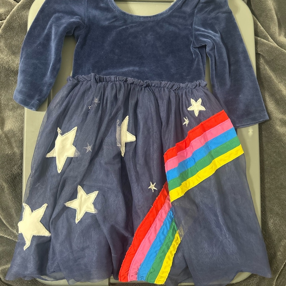 Mini Boden Blue Velvet Dress with Rainbow Accents